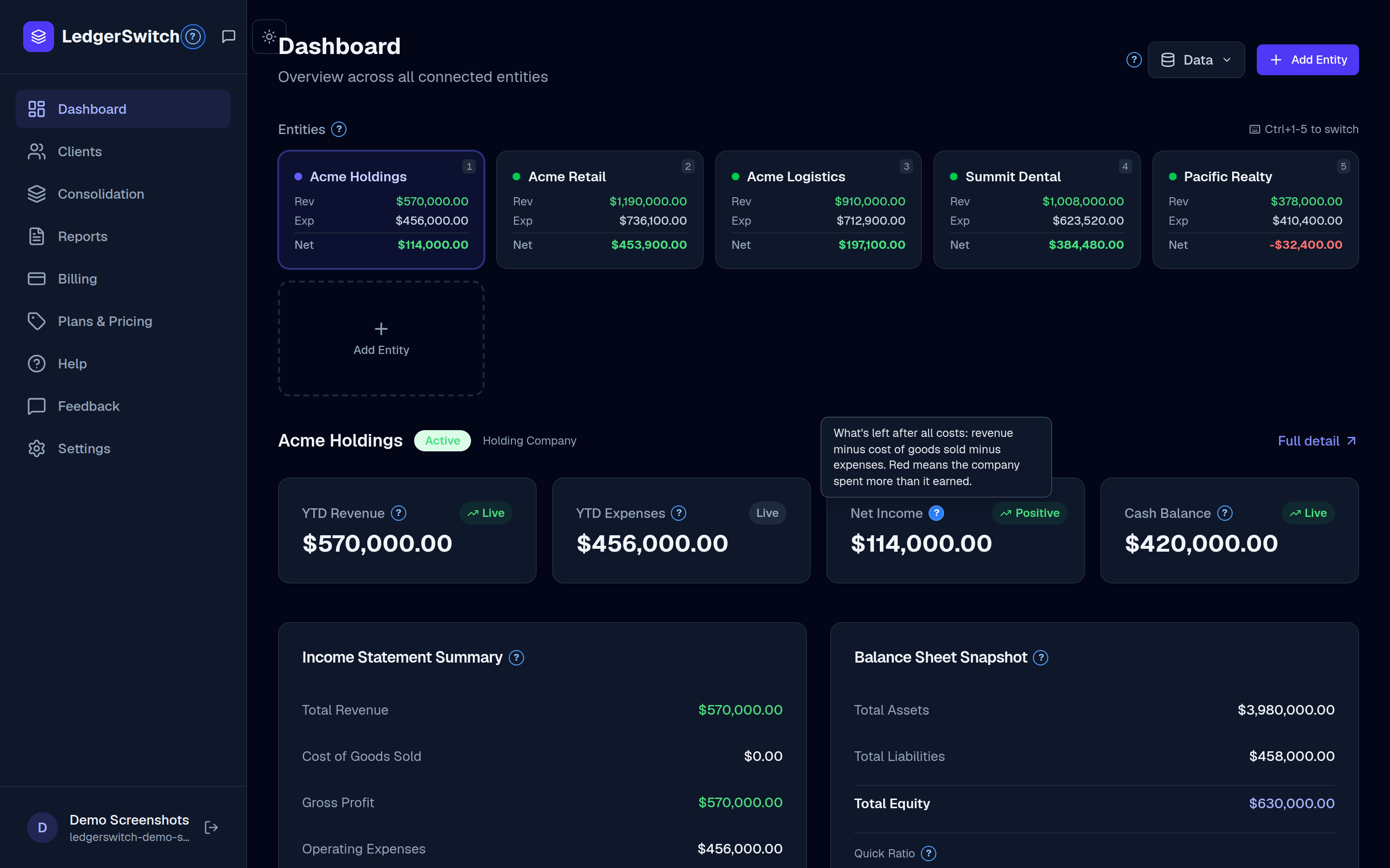 Dashboard with help mode on: ? markers beside controls and an explanation tooltip open
