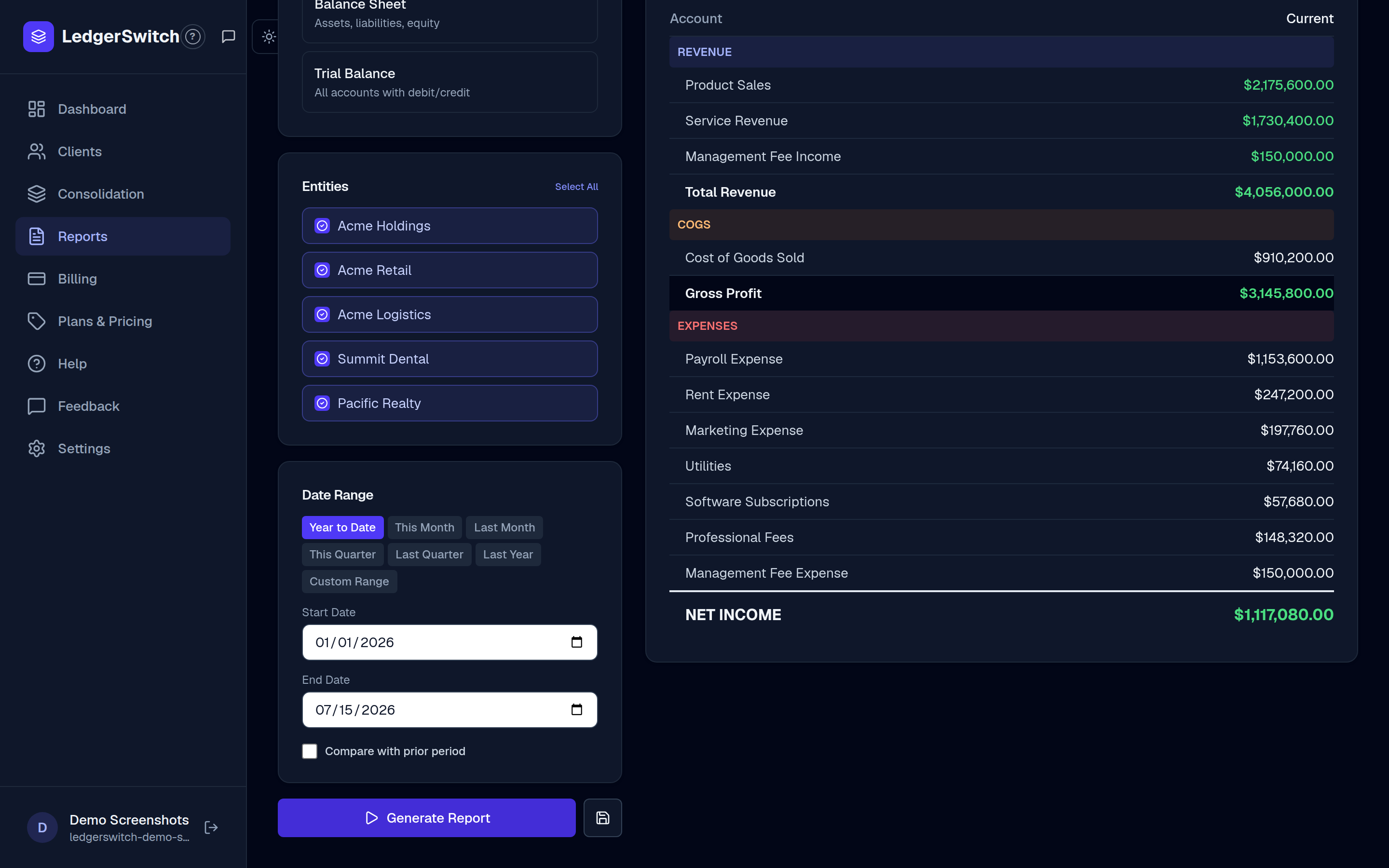 Report Builder with type, entities and date range panels and a generated report