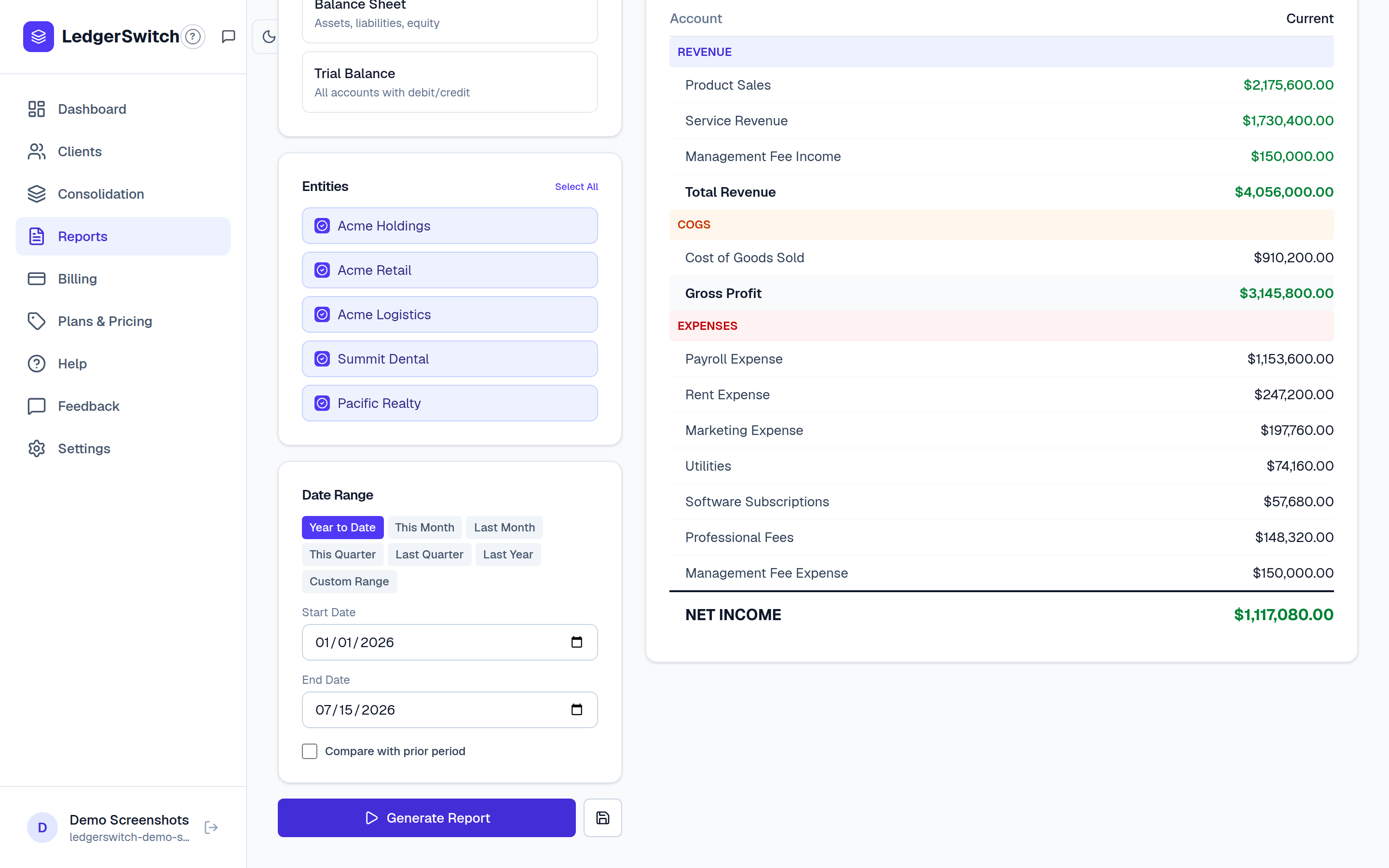Report Builder with type, entities and date range panels and a generated report